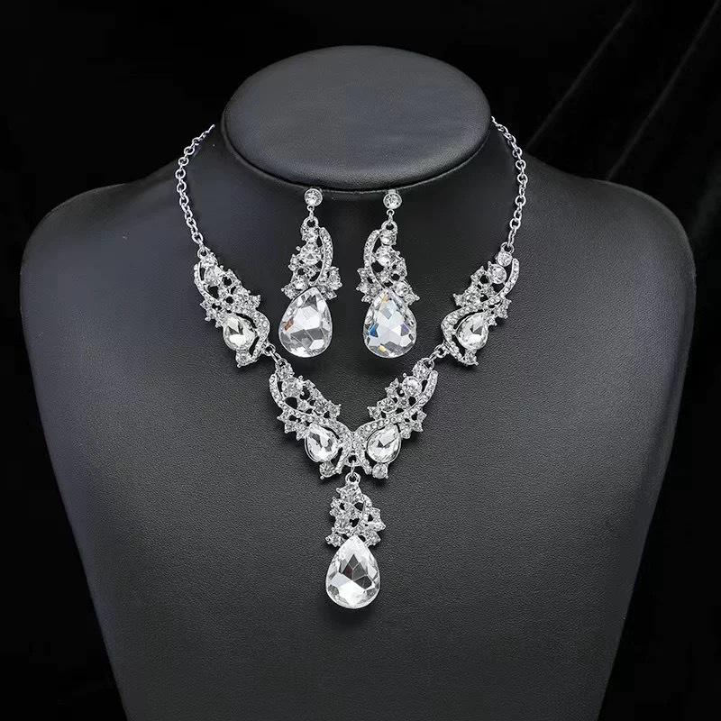Fashion Simple Water Drop Crystal Rhinestone Necklace Earrings For Women Wedding Dress Accessories Light Luxury Jewelry Sets