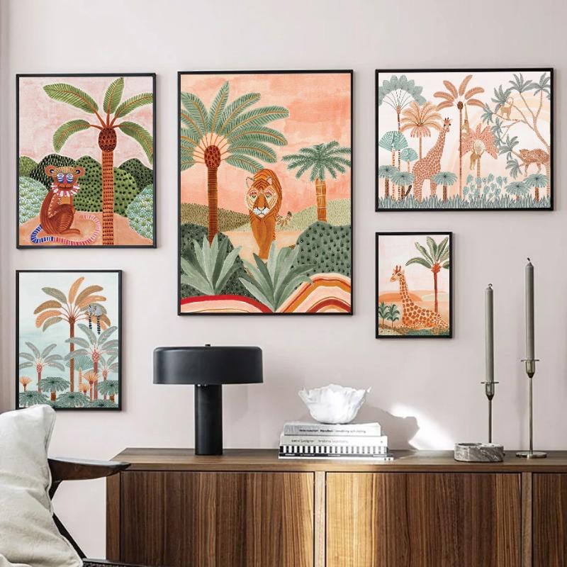 Boho Dschungeltiere Tiger Affe Giraffe Kokospalme Poster Kinderzimmer Leinwandgemälde Wandkunst Druck Bild Baby Kinderzimmer Dekor