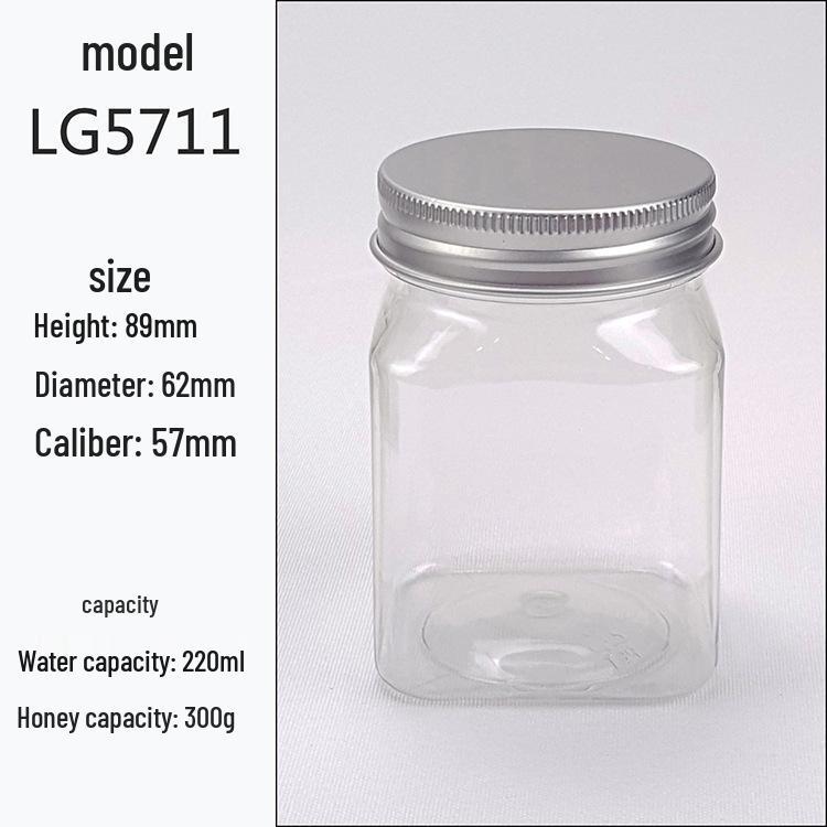 Transparent PET Plastic Square Jar with Aluminum Lid for Snacks and Food Storage