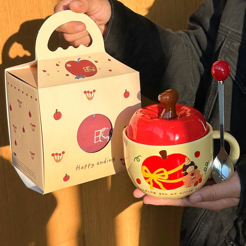 Apple Water Cup Cute Ceramic Cup Mug with Lid Spoon New Year's Birthday Gift for Girls
