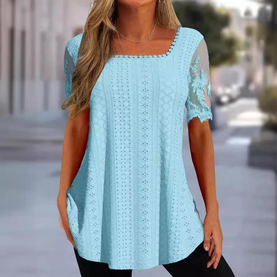Summer New European and American Women's Square Neck T-Shirt Hollow Lace Sleeve Casual Top