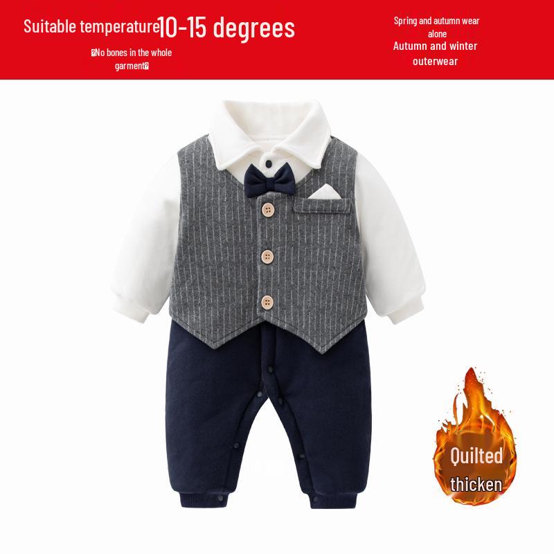 Newborn Padded First Birthday Dress & Romper Suit for Autumn/Winter - Baby Boy's 100-Day Crawling Outfit