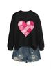 Pink Heart Flocking Women's Casual Round Neck Long Sleeve Hoodie