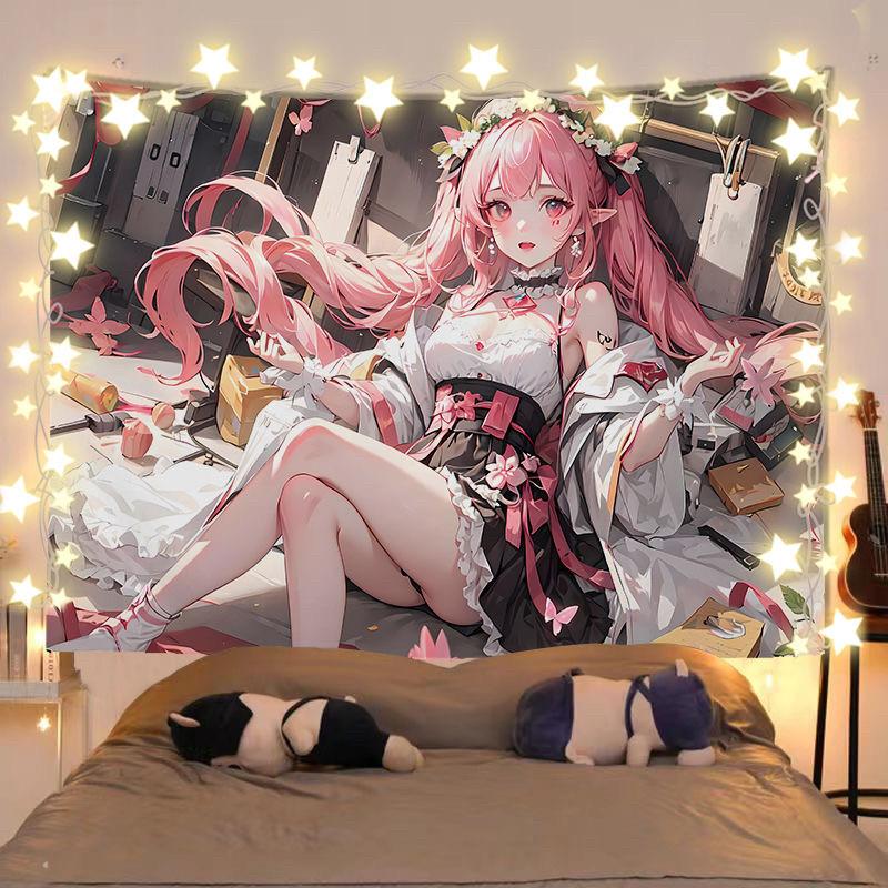 Fantasy Pink Hair Elf Anime Girl Tapestry Floral Crown Cartoon Wall Hanging Aesthetic Bedroom Dorm Decor