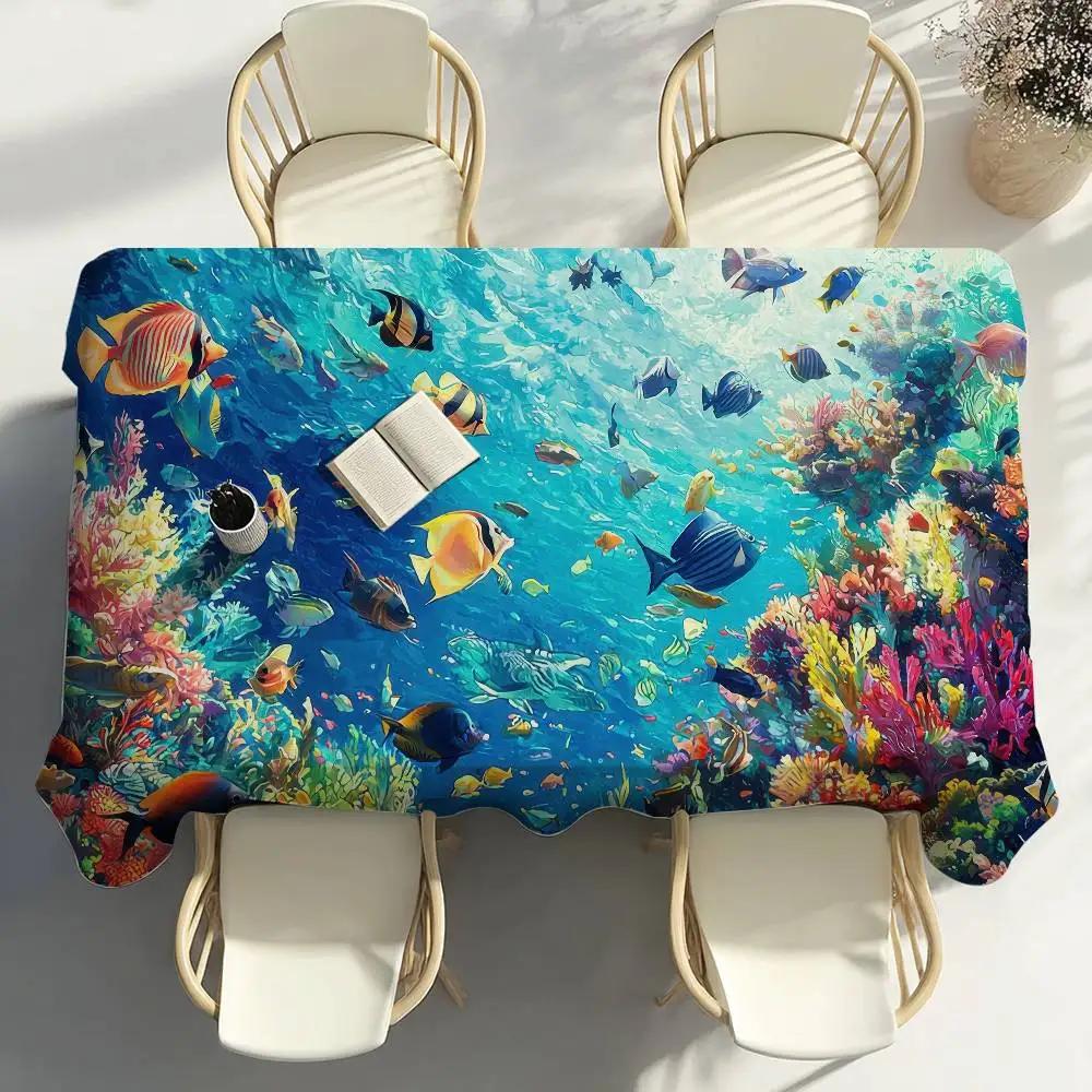 Sea World Fishes Table Cloth Party Decor Dining Room Home Kitchen Patios Waterproof Stain-Proof Table Cloth