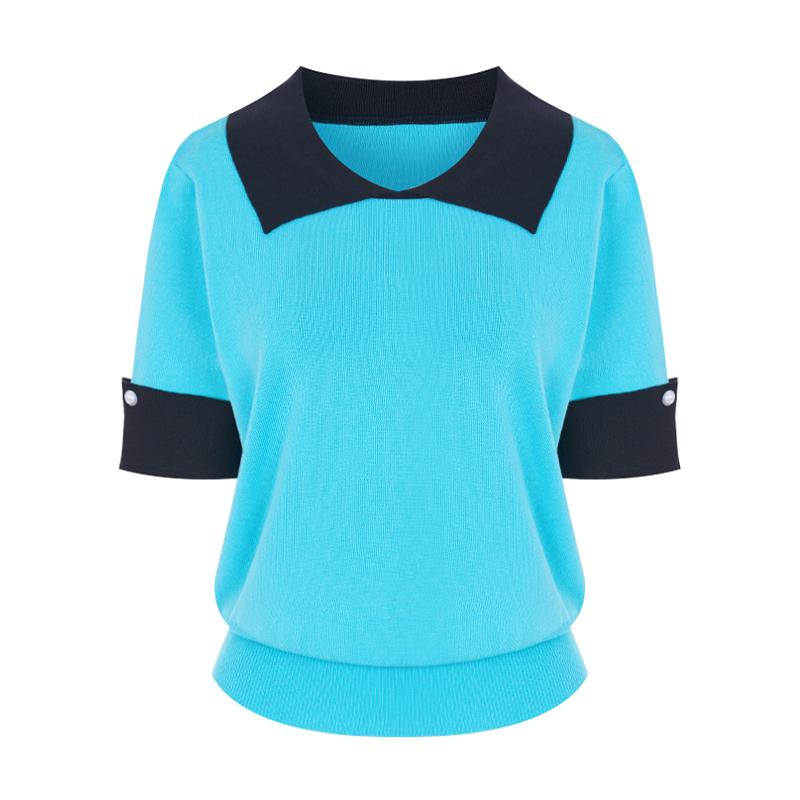 SELLY'S Pearl Color Block Collared Short Sleeve Knit_I6B-Ckn012