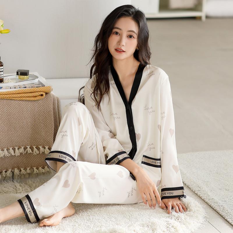 Pajamas Ladies Summer Silk Ice Silk Long Sleeve Homewear Simulation Silk Spring and Autumn Thin Skinny Suit