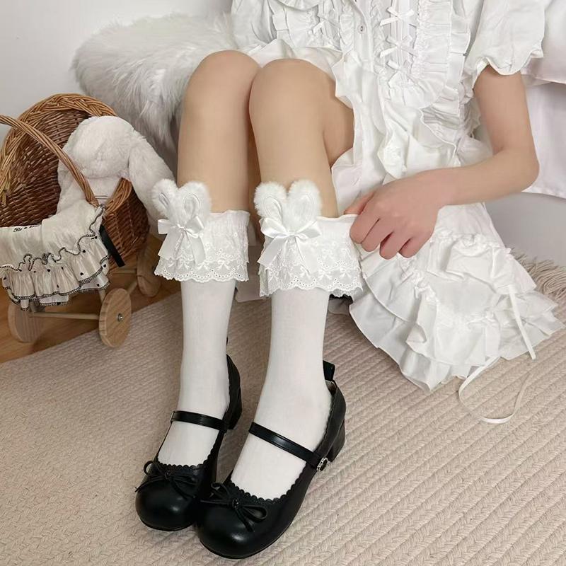 Japanese Harajuku Lolita Sweet Rabbit Ear Socks Women Summer Jk Bow Short Socks Lolita Lace Large Lace Sweet Socks