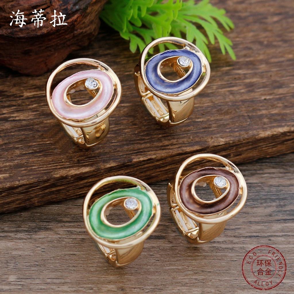 New Enamel Color Hollow Ring Elastic Ring Women's Simple High-end Diamond-set Oval Ring