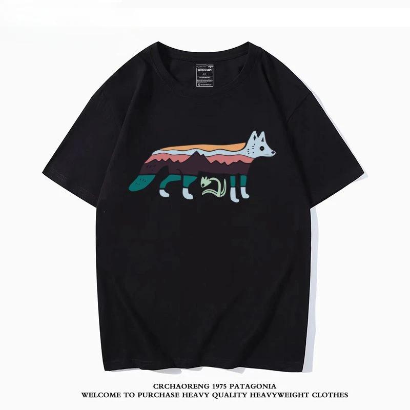 Summer New Bata Outdoor Forest Style Fox Print Round Neck Short Sleeved Men's and Women's Japanese Trend T-shirt for Couples