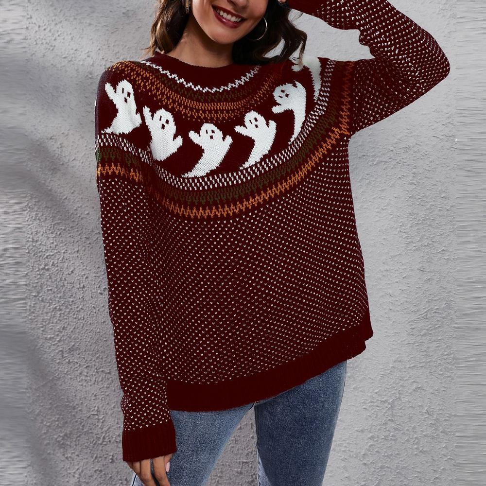 IHUASU Damen Herbst- und Winter Retro Polka Dot Langarm Strickpullover Locker