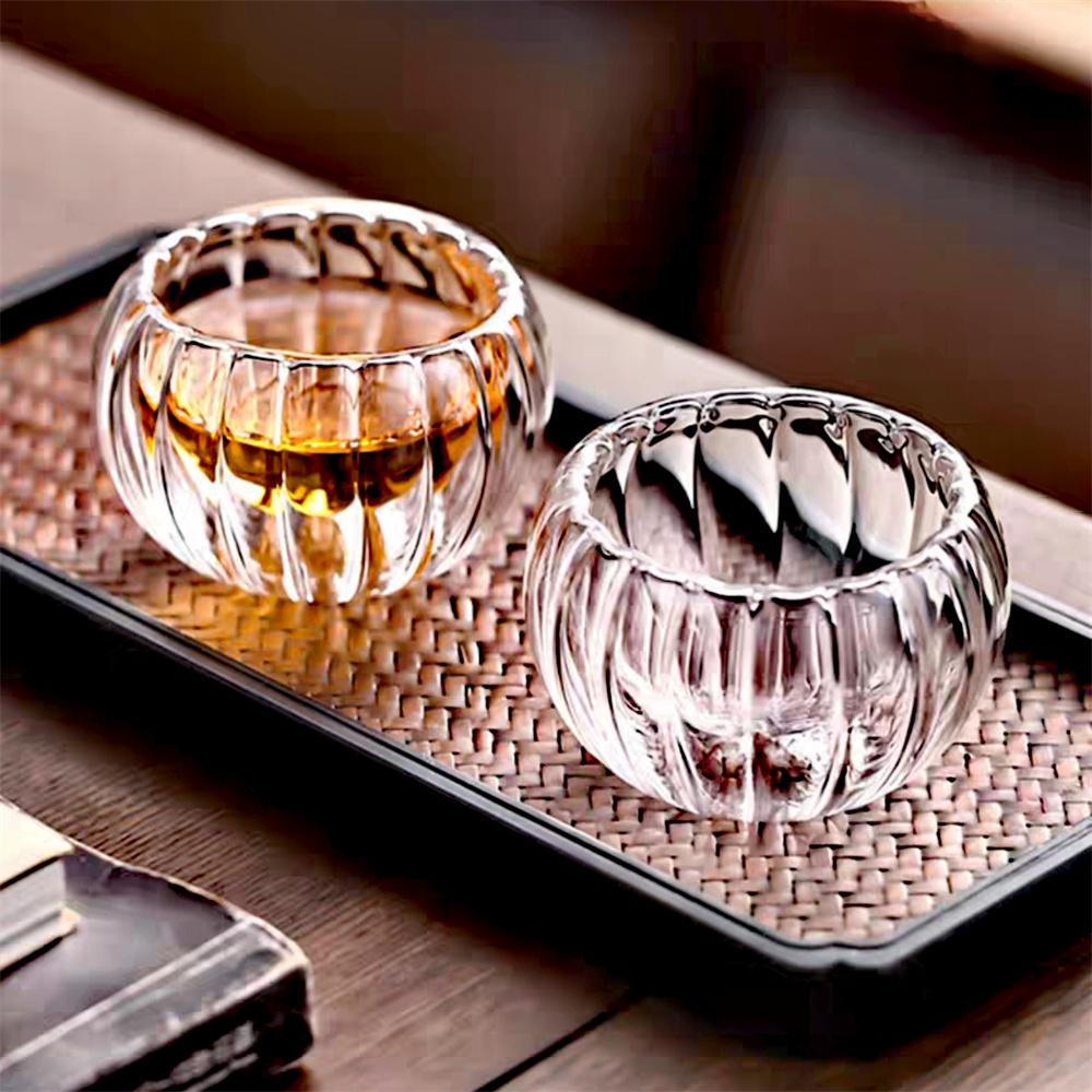 

6pcs/Lot 50ml Stripe Double-layer Glass Tea Cup Heat Resistant Teaware Small Capacity Pumpkin shape Puer Taste TeaCup Cups 50ml