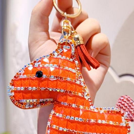 Bag Pendant Sparkling Rhinestones Plaid Pattern Keychain with Tassels Backpacks Handbags Cars Accessories