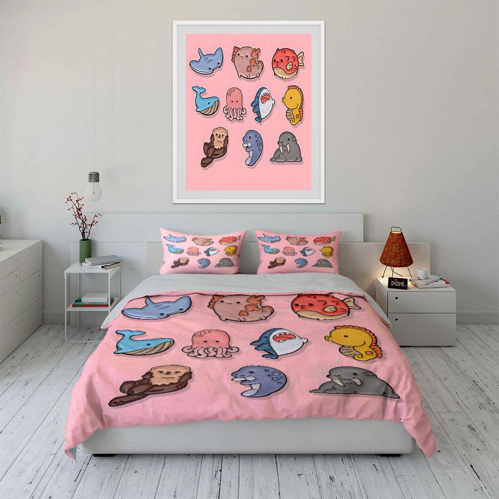 Colorful Cartoon Sea Creatures Print Bedding Set 1 Duvet Cover 2 Pillowcases For Adult And Children Luxury Gift Full Size