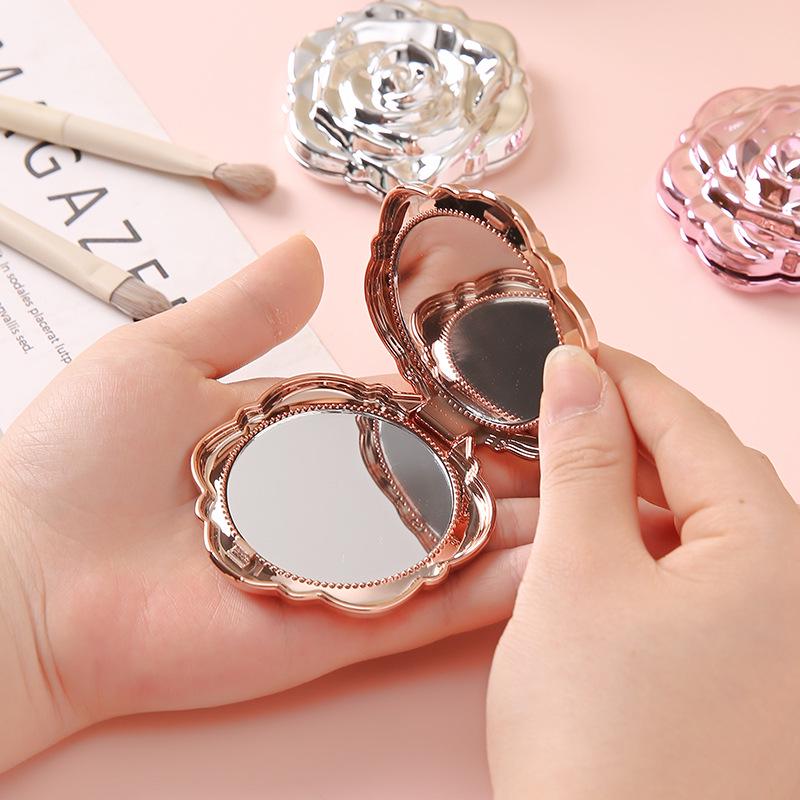 Rose Folding Round Handheld Makeup Mirror - Portable Single-Sided Vanity Mirror