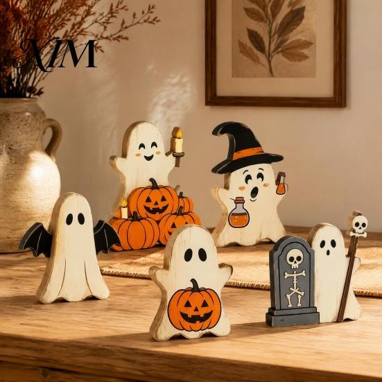 Compact Festive Room Decorations Halloween Cute Ghost Sign, Pumpkin Tombstone Wooden Plaque Decorative Figurines for Fireplaces Tiered Tray