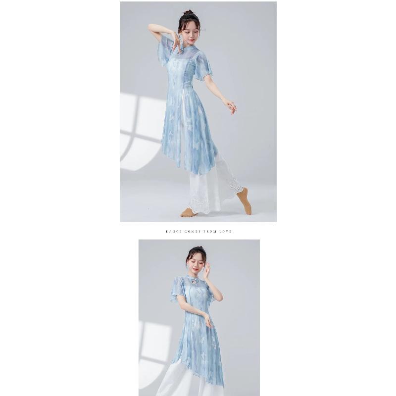 Classical Dance Women Split Hem Long Gauze Mesh Shirt Cheongsam Neck Hanfu Performance Sheer Flowy Blouse Training Dancewear