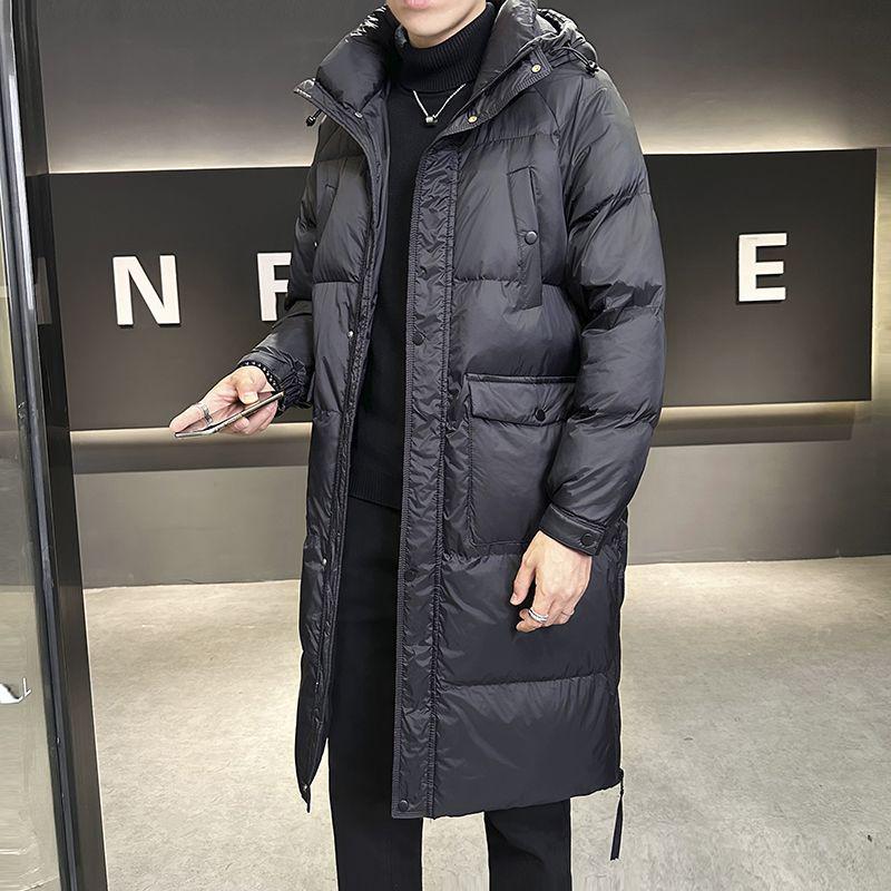Męska Wysokiej Jakości Kurtka Puchowa Średniej Długości z Kapturem - Ciepła, Modna, Gruba Kurtka za Kolano