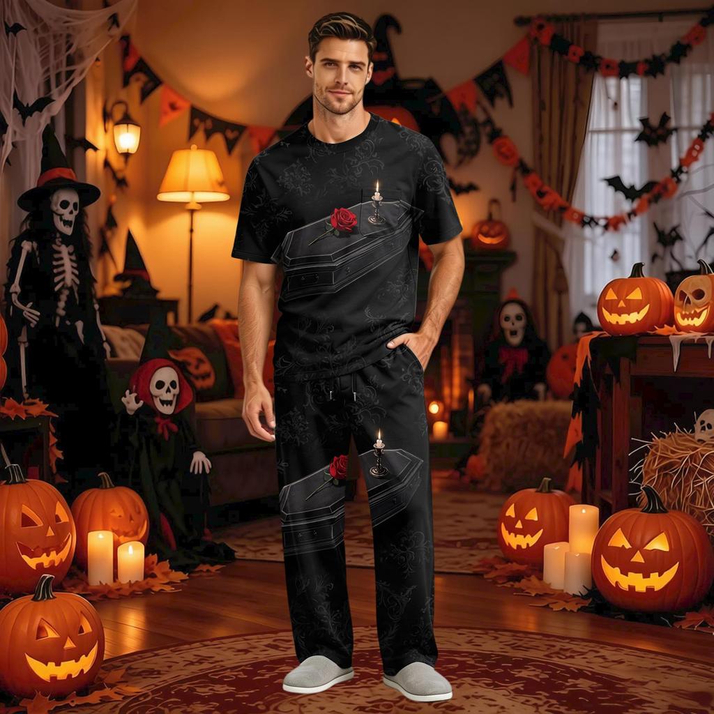 Men's Short Sleeve Pajama Set with Button Crotch and Elastic Drawstring Waist Sleepwear