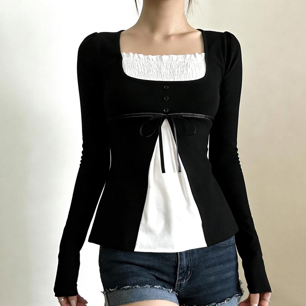 French Patchwork A-line Doll Top: Pleated Square Neck, Long Sleeve, Lace-up Waist, Autumn Winter Style for Women.