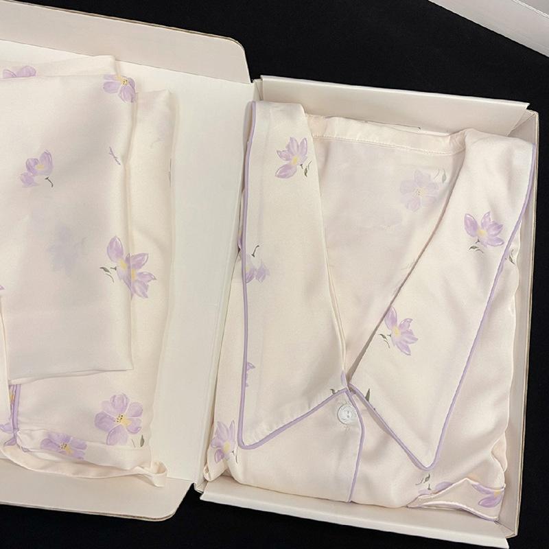 

Новая пижама с длинным рукавом из ледяного шелка с цветочным принтом магнолии, женская летняя, фиолетовая, темпераментная, домашний комплект для подруг XL