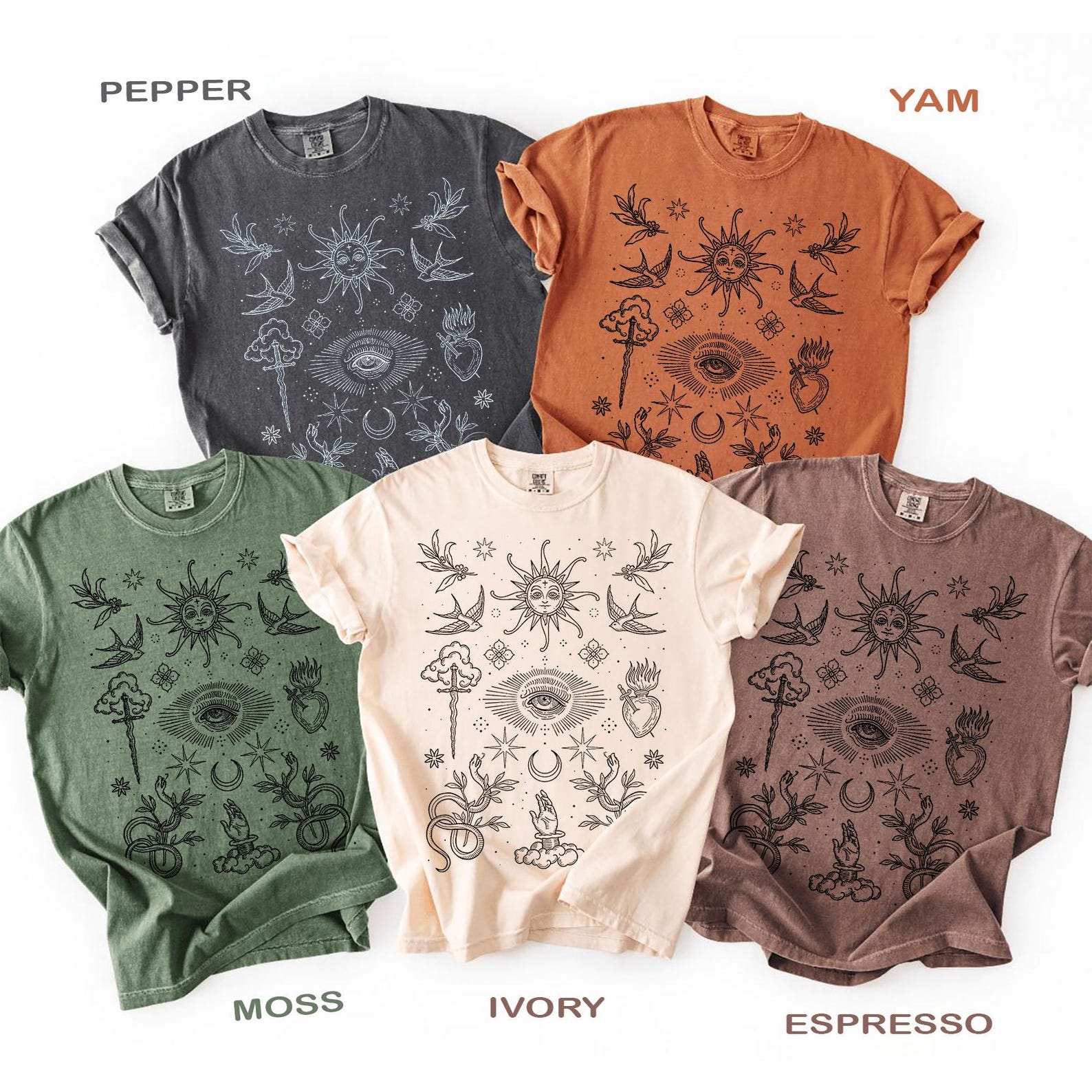 Boho Celestial Graphic Tee, Vintage Mystic Sun Moon Shirt, Spiritual Eye Snake Tattoo Style T-Shirt, Witchy Aesthetic Ivory Tee M