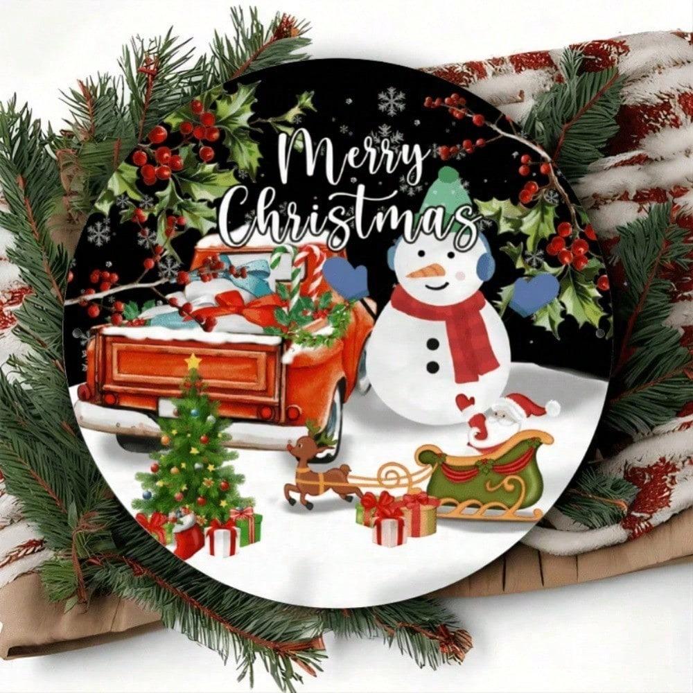 Merry Christmas Snowman Round Tin Sign 7.8 Inch Rustic Metal Wall Decor Pine Branches