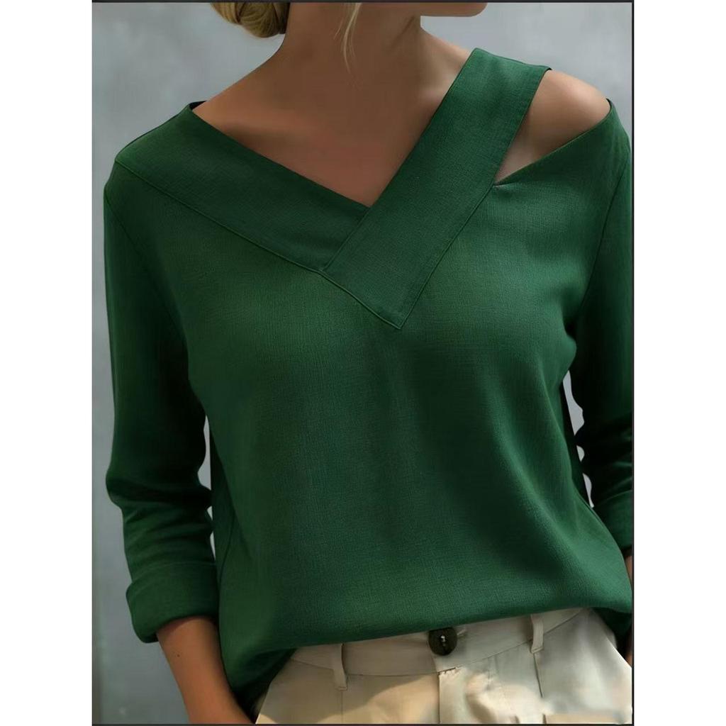 2026 Spring/Summer Elegant Off-Shoulder V-Neck Solid Color Long-Sleeve Top
