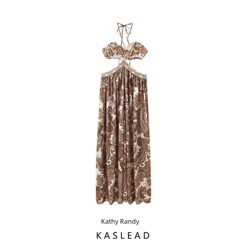 Kaslead New Women clothes Western Style Fashion Simple Hanging Neck Sling Print Long Dress