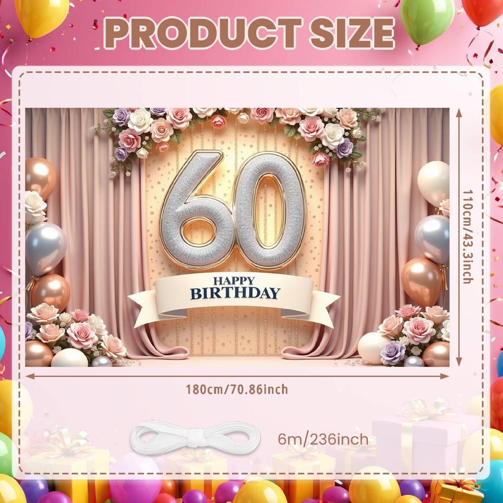 Birthday Celebration Banner 60th Birthday Theme Happy 60th Birthday Banner Glitter Embellished For Home Gathering Photo Shoot