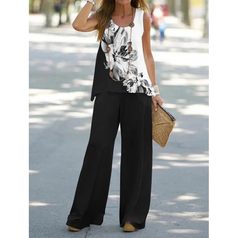 Damen-Freizeit-Zweiteiler mit Print, Weste mit elastischer Taille und Hose, Damenanzug.