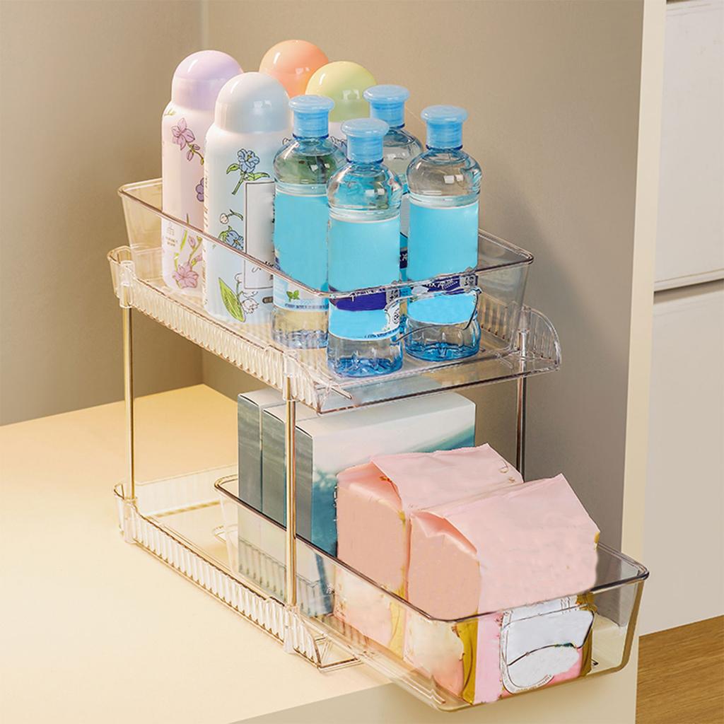 2 Pack Clear Bathroom Organizers 2 Tier Pull Out Multi Purpose Plastic Drawer Storage for Under Sink Kitchen