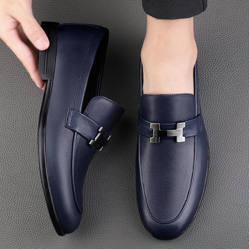 Square heel British gentleman's style driving shoes men's one-pedal leather splicing round head large set of casual shoes