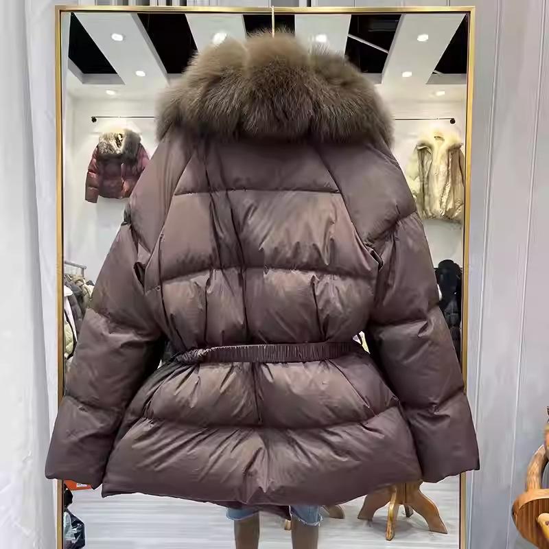 Jachetă de iarnă nouă, de lux, cu guler din blană naturală de vulpe, cu puf, pentru femei, de lungime medie și lungă, îngroșată, călduroasă