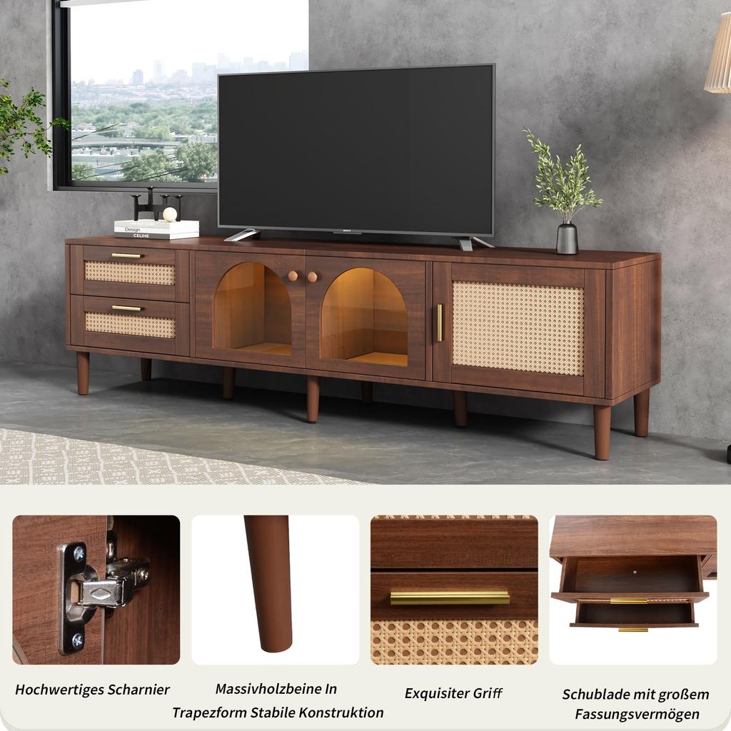 TV Board TV-Schrank Lowboard 2 Schubladen, 2 gewölbten Glastüren, 1 Rattan-Tür, TV-ständer Fernseher bis zu 80 Zoll, 180 cm, Wohnzimmer, Braun
