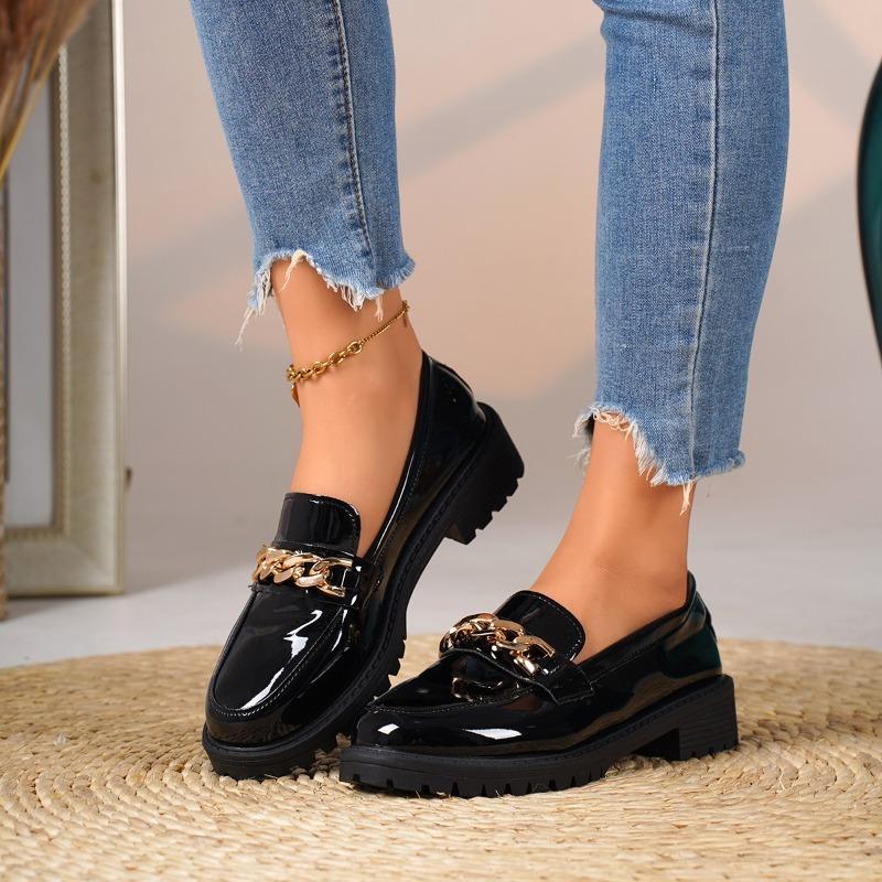 New Female Shoes Women Fashion Mary Janes Round Toe Flats Loafers Oxfords Platform Casual Metal Chain Buckle Ladies Heels Black