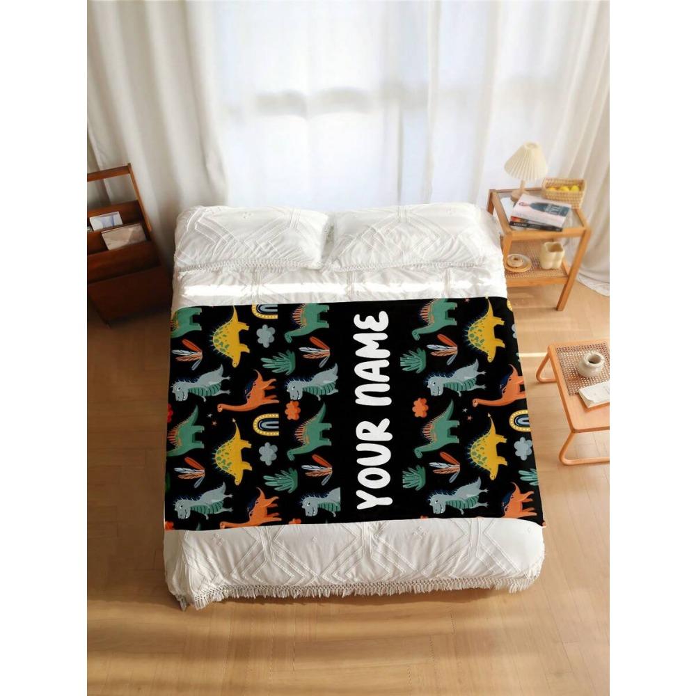 1PC Custom Name Dinosaur Blanket Personalized with Your Own Name - Soft Flannel All-Season Throw for Camping Naps & Home Use