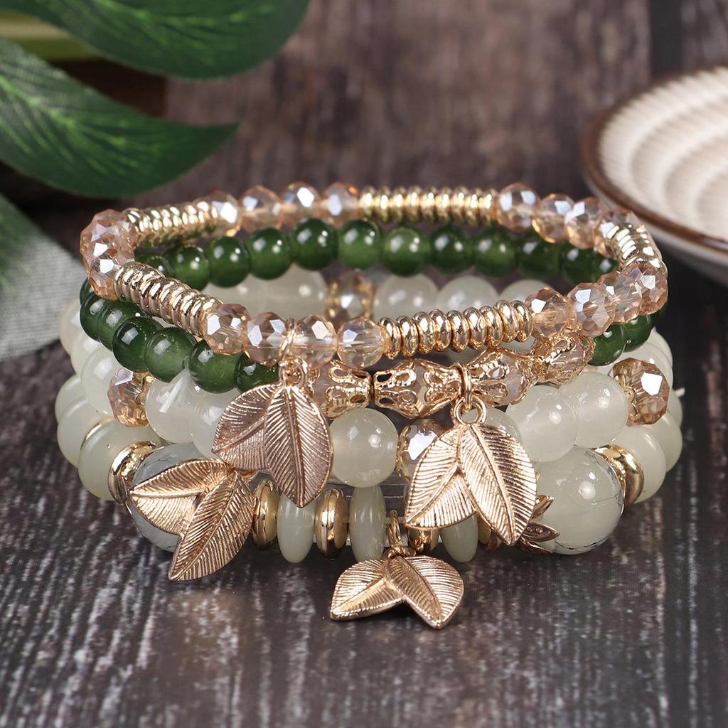 Bohemian Retro Beaded Bracelet with Leaf Pendant and Crystal Accents