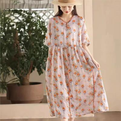 Women Print Floral Vintage Dress V-Neck Short Sleeve High Quality Summer Casual Soft A-Line Dress