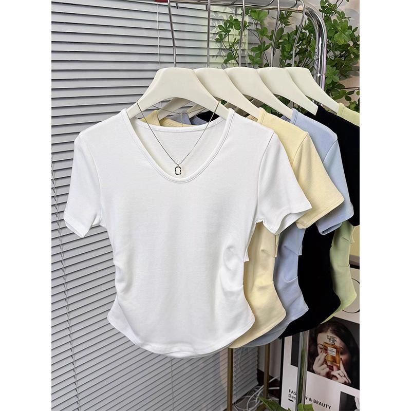

Women s Korean Style V-Neck Modal Short-Sleeve Pleated Waist-Slimming Top XL жёлтый
