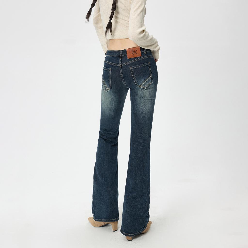 American retro low-rise micro-pull jeans women's autumn new elastic slim-fitting and thin versatile bell pants
