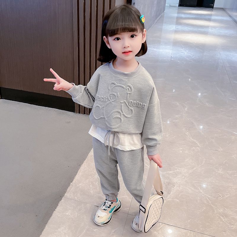 Girls Autumn Waffle Knit Long Sleeve Sweatshirt And Casual Pants Set Trendy Two Piece Outfit For Big Kids