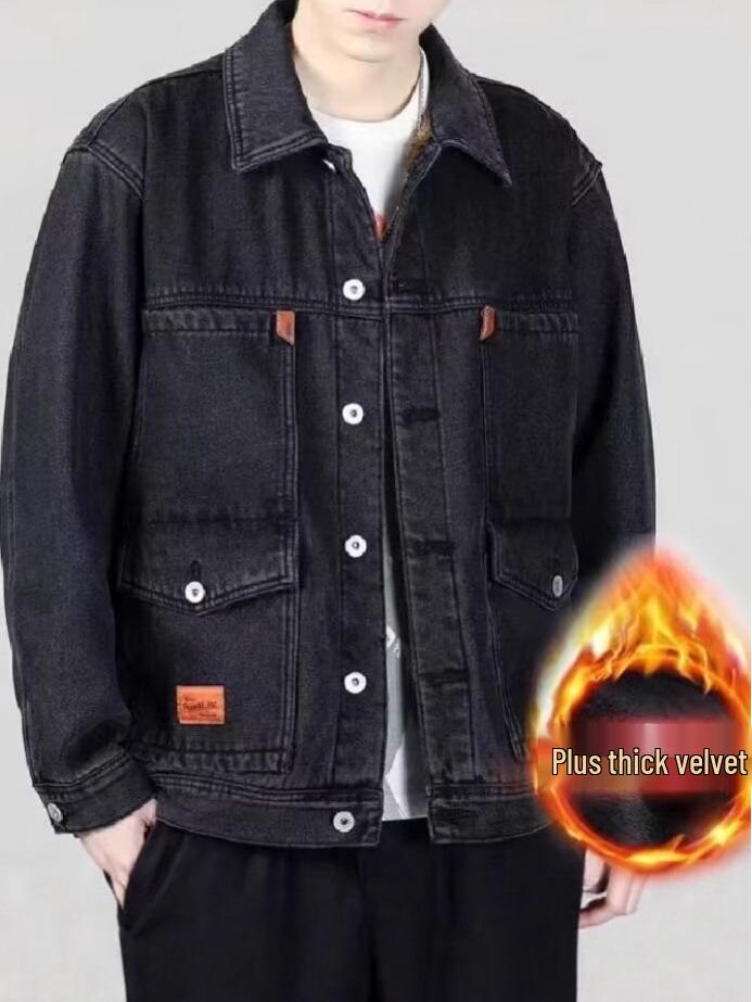 Men's Wear-Resistant Plus Velvet Denim Jacket: Autumn & Winter, Heavyweight, Dirt-Resistant, Loose, Versatile, Casual, American Trend.