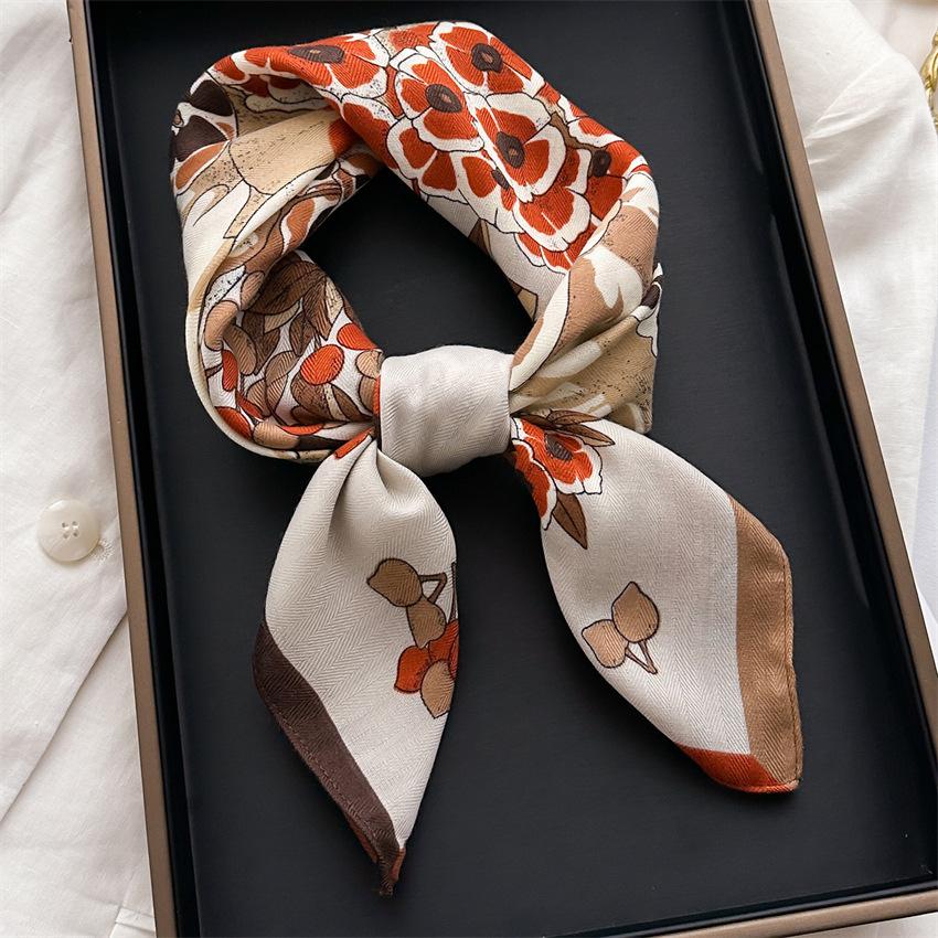 French retro flower silk scarf thin small square scarf versatile herringbone pattern headscarf imitation velvet shawl scarf scarf women
