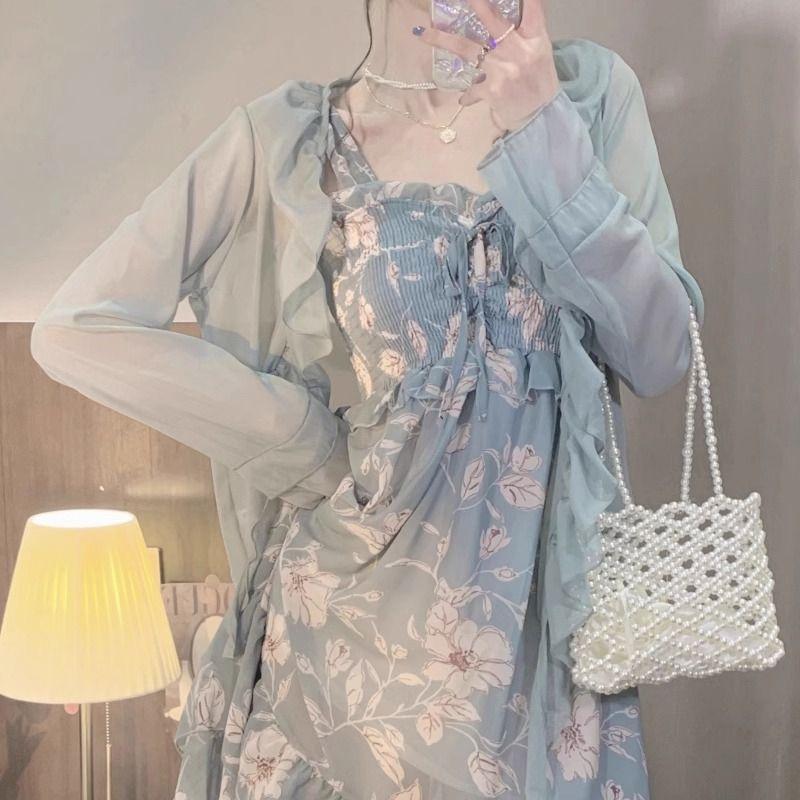 Jährliche Sonnencreme-Kleidung zweiteilig Damen Sommer Neu Cardigan Kleidung Träger Süß Fee Gruppe Temperament Blumenkleid