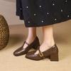 Brand Design T Strap Leather Shoes Women's French Square Toe Mary Jane Shoes Retro Brown Mid Heels Oxford Shoes Women's Pumps