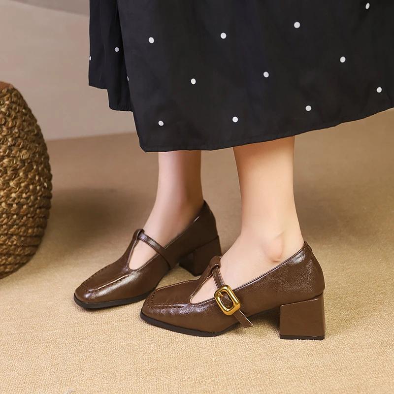 Fashion Brand Design T Strap Leather Shoes Women's French Square Toe Mary Jane Shoes Retro Brown Mid Heels Oxford Shoes Women's Pumps
