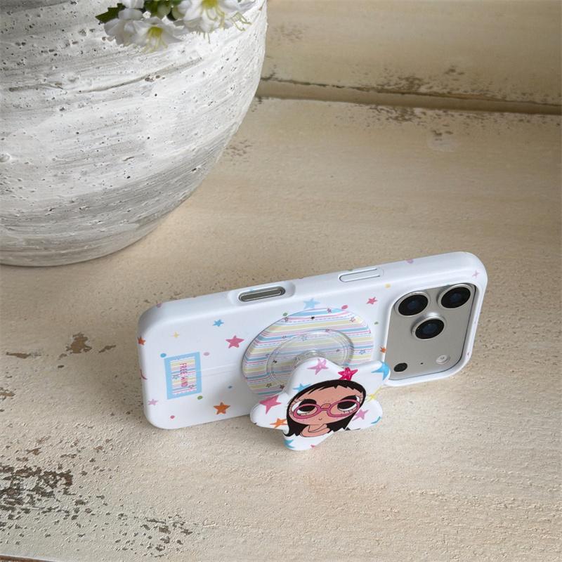 Süßes Mädchen mit großen Augen Sternenmuster Handyhülle mit Ständer für iPhone 15 16 17 Pro Max Kawaii Stoßfeste Schutzhülle