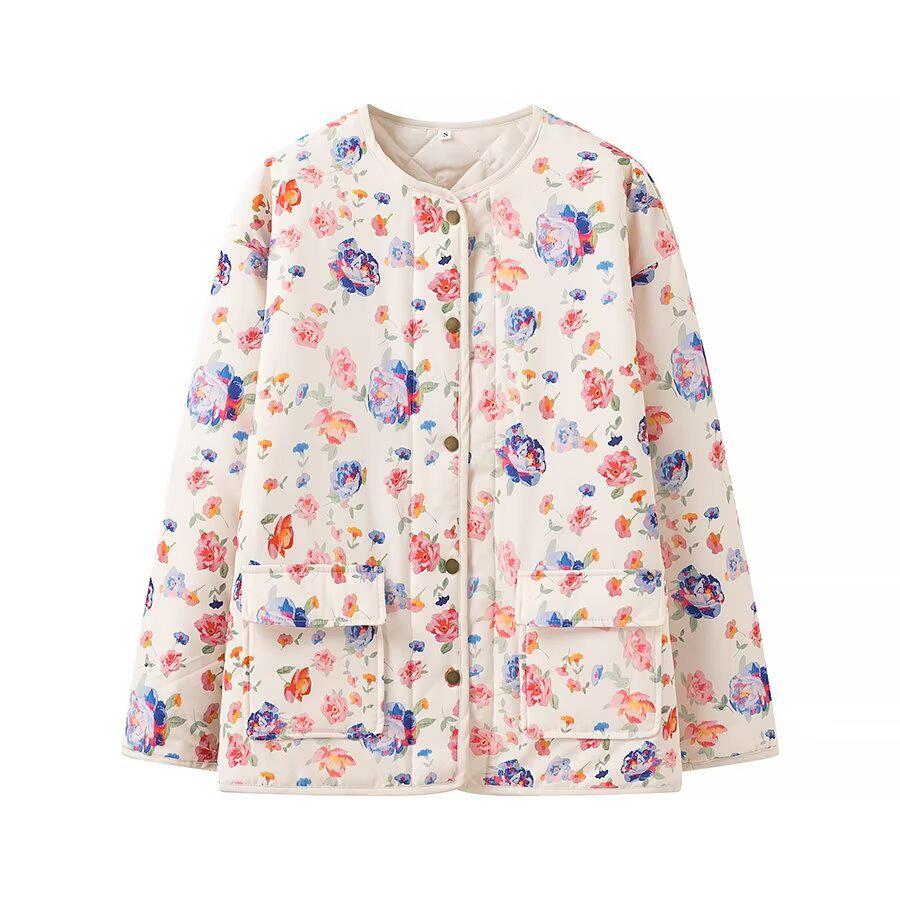 2024 Winter Women's European & American Style Loose Print Long Sleeve Cotton-Padded Jacket