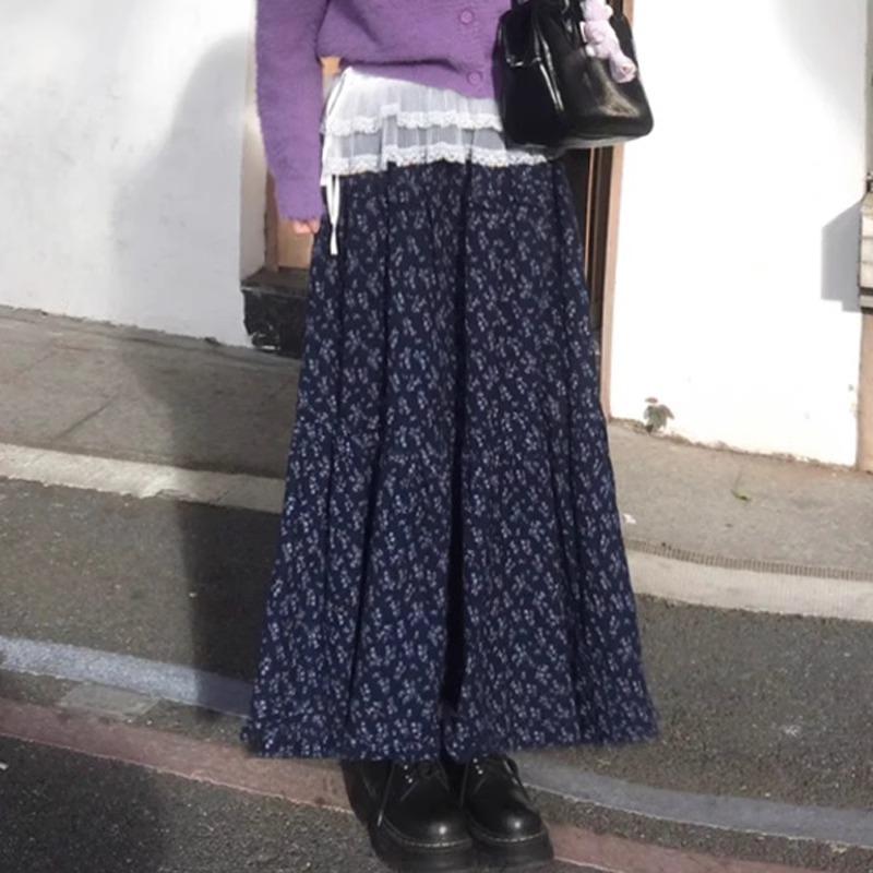 Purple Floral Skirt for Women In Spring and Autumn New Arrival Style Small High-waisted A-line Long Skirt with Sweater Skirt